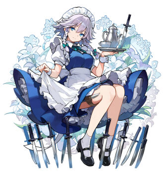 1girl apron apron_lift asakura_maru black_shoes blue_dress blue_eyes braid breasts closed_mouth clothes_lift commentary_request cup dress expressionless floating floral_background flower frills hair_between_eyes hair_ribbon holding holding_tray izayoi_sakuya knife looking_at_viewer maid maid_apron maid_headdress medium_breasts medium_hair ribbon shirt shoes short_sleeves socks solo teacup teapot thigh_strap touhou tray twin_braids white_background white_hair white_shirt white_socks