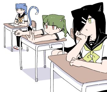 3girls animal_ears animated animated_gif black_hair blue_eyes cat_ears cat_girl cat_tail chair desk expressionless green_hair hands_on_own_face highres low_twintails multiple_girls naco-chan one_eye_closed rag-chan ragcats rid0922 school_chair school_desk school_uniform serafuku simple_background tail twintails wuno-chan yellow_eyes