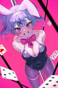 ace_(playing_card) ace_of_hearts animal_ears black_leotard blue_eyes blue_hair bow bowtie breasts card center-flap_bangs cleavage covered_navel detached_collar from_above hair_ornament hatsune_miku heart heart_hair_ornament highres implied_bondage large_breasts leotard looking_at_viewer open_mouth pantyhose pink_background pink_bow pink_bowtie pink_pupils playboy_bunny playing_card pole rabbit_ears rabbit_hole_(vocaloid) shiny_skin short_hair sidelocks smile solo stripper_pole teardrop_facial_mark thigh_strap vocaloid vxkwh x_hair_ornament