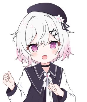 1boy 1girl :d beret black_choker black_ribbon black_sailor_collar black_shirt blush bow choker commentary_request fang flower hair_between_eyes hair_flower hair_ornament hair_ribbon hand_up hat highres long_sleeves looking_at_viewer mahou_shoujo_no_majo_saiban neprain open_mouth purple_eyes ribbon sailor_collar sakuraba_ema shirt smile solo striped_bow upper_body white_background white_flower white_shirt x_hair_ornament