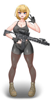 Rule 34 | 1girl, :d, absurdres, bare shoulders, bike shorts, black gloves, black shirt, black shorts, blonde hair, blue eyes, blush, breasts, brown footwear, brown pantyhose, character request, cleavage, copyright request, eyelashes, full body, gloves, gun, highres, hitch (perotoss), holding, holding gun, holding weapon, midriff, open mouth, pantyhose, rifle, shiny skin, shirt, short hair, shorts, sig mcx, simple background, smile, solo, standing, v, weapon, white background