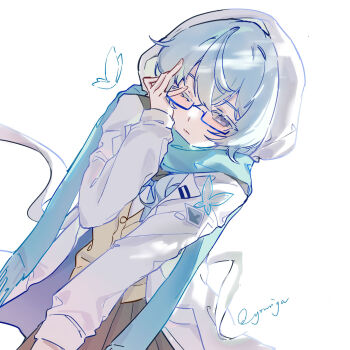 1girl blue_bow blue_hair blue_scarf bow brown_skirt bug butterfly commentary glasses hair_between_eyes highres hood hood_up hoodie insect jacket jacket_over_hoodie long_hair long_sleeves no_veil one_eye_closed purple_pupils scarf school_uniform semi-rimless_eyewear shirt shorekeeper_(wuthering_waves) skirt symbol-only_commentary white_hoodie wuthering_waves yomiya_(user_cxnt4724)