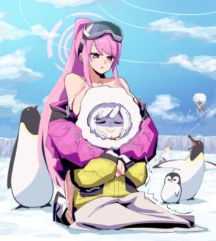 4girls antarctica aris_(blue_archive) aris_(winter)_(blue_archive) bare_shoulders bird black_hair black_jacket blue_archive blush bonjiri_uma_tarou boots breasts cloud commentary_request day eimi_(blue_archive) eimi_(swimsuit)_(blue_archive) floating fur-trimmed_jacket fur_trim gloves goggles goggles_on_head hair_between_eyes halo highres himari_(blue_archive) himari_(winter)_(blue_archive) holding holding_snowball hood hood_up hug jacket jumping large_breasts long_hair momoi_(blue_archive) momoi_(winter)_(blue_archive) multicolored_jacket multiple_girls official_alternate_costume penguin pink_hair pink_halo pink_jacket ring_of_light_(blue_archive) shaded_face sidelocks sitting smile snowball snowball_fight trembling two-tone_jacket white_boots white_gloves white_jacket yellow_jacket