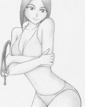 1girl ass bent_over bikini breasts crossed_arms eroticfanart female_focus highres looking_at_viewer medium_breasts pale_skin short_hair smile striderokami swimsuit the_king_of_fighters thighs whip whip_(kof)