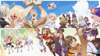 >_< 6+boys 6+girls absurdres ahoge alhaitham_(genshin_impact) animal_ears animal_hood aqua_hair aqua_kimono arm_armor arm_at_side armlet arms_up arrow_print asymmetrical_clothes bare_shoulders bent_over black_bodysuit black_cape black_choker black_dress black_gloves black_hair black_sleeves blonde_hair blue_bow blue_feathers blue_hat blue_hood blue_skirt blue_sky blue_sleeves blue_trim blunt_bangs blunt_ends bodysuit bow bracelet bridal_gauntlets bright_pupils brown_hair cable candace_(genshin_impact) cape carriage choker circlet clenched_hand clenched_hands closed_eyes clothing_cutout cloud cloudy_sky collei_(genshin_impact) compression_shirt cowlick criss-cross_halter crossed_bangs crossed_belts cyno_(genshin_impact) dancing dark_skin dehya_(genshin_impact) detached_sleeves dori_(genshin_impact) dress dunyarzad_(genshin_impact) earrings elbow_gloves eyelashes eyeliner eyeshadow faruzan_(genshin_impact) feather_hair_ornament feathers fox_ears fox_tail furrowed_brow gem genshin_impact gladiator_sandals glasses gloves gold gold_choker gold_circlet gold_footwear gold_trim gradient_hair green_eyes green_gemstone green_hair grey_hair hair_between_eyes hair_bun hair_ornament hairclip halo halterneck han'eri hand_on_own_chest hand_on_own_face hand_up hands_up harem_outfit hat head_down headpiece highres holding holding_another's_wrist holding_rope hood jackal_ears japanese_clothes jewelry jingasa kaveh_(genshin_impact) kimono layered_clothes layered_kimono layla_(genshin_impact) leaf leaf_hair_ornament long_hair lumine_(genshin_impact) makeup mandarin_collar mechanical_halo midair midriff multicolored_hair multiple_boys multiple_girls nahida_(genshin_impact) nilou_(genshin_impact) oishii_sasa on_swing one_eye_closed open_clothes open_hand open_kimono open_mouth paimon_(genshin_impact) pants pantyhose pink_eyes pink_gemstone pink_hair puffy_sleeves purple_hair purple_sash red_eyeliner red_eyeshadow red_hair romper rope sandals sash scaramouche_(genshin_impact) scarf sethos_(genshin_impact) short_hair short_hair_with_long_locks short_sleeves shoulder_cutout side_ponytail sidelocks sideways_mouth single_pantsleg sitting skirt sky smile split_screen streaked_hair swing tail thighhighs thighlet tighnari_(genshin_impact) toga torn_clothes torn_pants triangle_earrings tunic twintails v-shaped_eyebrows vambraces veil vision_(genshin_impact) wanderer_(genshin_impact) waving white_dress white_hair white_kimono white_pantyhose white_pupils white_romper white_scarf white_sleeves white_thighhighs white_veil x_hair_ornament yellow_eyes