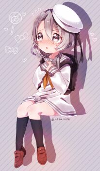1girl alternate_costume backpack bag blush brown_shoes crying crying_with_eyes_open diagonal-striped_background dress flying_sweatdrops grey_background grey_eyes grey_hair grey_sailor_collar hat heart invisible_chair kantai_collection kneehighs loafers natsumi_(natumi06) neckerchief nose_blush nowaki_(kancolle) orange_neckerchief parted_lips sailor_collar sailor_dress shoes sitting socks solo striped_background tears twitter_username white_hat