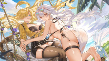 2girls alternate_universe ass barefoot beach bikini black_bra black_skirt blonde_hair bra breasts cigarette curly_eyebrows enigma_of_sepia eyewear_on_head flower ginara_(enigma_of_sepia) gintama heart heart-shaped_eyewear highres lace lace_bra large_breasts lazee_b long_hair looking_at_viewer looking_back multiple_girls official_art one_piece outdoors pencil_skirt purple_flower sakata_gintoki sandra_(enigma_of_sepia) sanji_(one_piece) shirt side-tie_bikini_bottom skirt sunglasses swimsuit swing thigh_strap underwear very_long_hair yellow_shirt