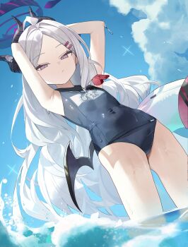 1girl absurdres applu armpits arms_behind_head arms_up black_horns black_wings blue_archive blue_one-piece_swimsuit blue_sky closed_mouth cloud commentary_request cowboy_shot grey_hair hair_ornament hairclip halo highres hina_(blue_archive) hina_(swimsuit)_(blue_archive) horns long_hair looking_at_viewer low_wings one-piece_swimsuit outdoors parted_bangs purple_halo school_swimsuit sky solo standing swim_ring swimsuit very_long_hair water wet whistle whistle_around_neck wings