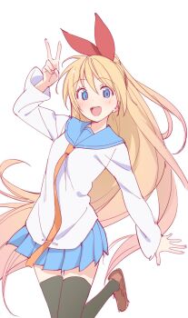 1girl black_thighhighs blonde_hair blue_eyes blue_sailor_collar blush bonyari_high_school_uniform bow breasts hair_ribbon highres kirisaki_chitoge long_hair long_legs looking_at_viewer necktie nisekoi open_mouth orange_necktie pleated_skirt rakugaki_ningen red_ribbon ribbon sailor_collar school_uniform serafuku shirt skirt smile solo thighhighs very_long_hair