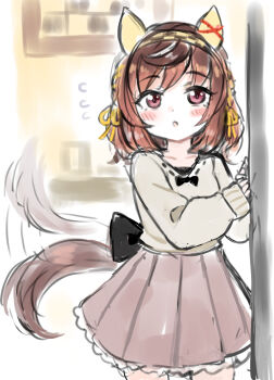 1girl :o afterimage animal_ears blush_stickers brown_skirt buena_vista_(umamusume) checkered_hairband collarbone commentary_request flying_sweatdrops grey_shirt hairband hands_up highres horse_ears horse_girl horse_tail indoors long_sleeves parted_lips pleated_skirt puffy_long_sleeves puffy_sleeves purple_eyes shirt sketch skirt sleeves_past_wrists solo tail tail_wagging umamusume unname