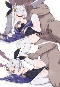 1boy 1girl absurdres animal_ear_fluff animal_ears bar_censor bell black_leotard blush bow bowtie carrot_hair_ornament censored clothed_female_nude_male clothing_aside commentary_request commission covered_navel crescent crescent_hair_ornament cum cum_in_pussy cum_overflow flat_chest food-themed_hair_ornament glasses grey_hair hair_ornament hetero highres jingle_bell leotard leotard_aside loli long_hair lying matcha_(mattyan) neck_bell nipples nude on_side open_mouth original penis purple_bow purple_bowtie pussy rabbit_ears rabbit_girl red_eyes sex side_ponytail skeb_commission strapless strapless_leotard sweat testicles thick_eyebrows thick_eyelashes thighhighs vaginal white_thighhighs