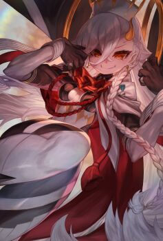 1girl absurdres ascot asymmetrical_bangs black_cape black_gloves braid breasts cape cleavage clothing_cutout commentary_request earrings fate/grand_order fate_(series) fur-trimmed_cape fur_trim gloves hair_ribbon highres horns huge_horns jewelry long_hair long_horns long_sleeves looking_at_viewer m0_chi medium_breasts olga_marie_animusphere orange_eyes red_ascot red_cape ribbon side_braid smile solo stomach_cutout striped_bodysuit thighs u-olga_marie u-olga_marie_(second_ascension) very_long_hair white_hair