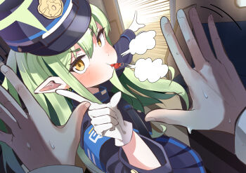 1girl absurdres armband blowing_whistle blue_archive blue_armband blue_jacket blue_skirt gloves green_hair green_halo halo hands_up hat highres hikari_(blue_archive) index_finger_raised jacket long_hair looking_at_viewer miniskirt mong91 open_door peaked_cap pleated_skirt pointing pointy_ears pov puffy_cheeks sensei_(blue_archive) skirt sweat train train_conductor train_interior twintails v-shaped_eyebrows whistle white_gloves yellow_eyes