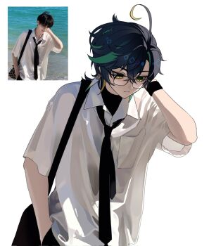 Rule 34 | 1boy, ahoge, alternate costume, arm behind head, bag, bespectacled, black hair, black necktie, collared shirt, commentary request, earrings, genshin impact, glasses, green hair, hand in pocket, highres, jewelry, k2injji, kinich (genshin impact), korean commentary, loose necktie, male focus, multicolored hair, necktie, no headband, photo-referenced, reference inset, shirt, short hair, shoulder bag, simple background, white background, white shirt