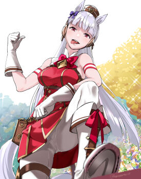 1girl animal_ears bag bare_shoulders blunt_bangs boots bow bowtie breasts brown_hat buttons commentary_request double-breasted dress from_below gloves gold_ship_(umamusume) grey_hair hat horse_ears horse_girl horse_tail horseshoe long_hair looking_at_viewer outdoors pants pantyhose pillbox_hat purple_bow red_bow red_bowtie red_dress red_eyes shoe_soles sleeveless sleeveless_dress smile solo tail taromarun tongue tongue_out twitter_username umamusume white_boots white_gloves white_pants white_pantyhose