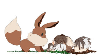 ^_^ animal_focus black_eyes blush closed_eyes cremis crossover dirty dirty_face ears_down eevee facing_another from_side full_body gen_1_pokemon grass happy highres light_blush looking_at_another mud neck_fur nervous nintendo no_humans open_mouth outdoors palworld partially_submerged pokemon pokemon_(creature) profile smile standing sweat tem_(tem_konp10)