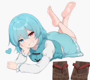 1girl absurdres aqua_vest barefoot blue_eyes blue_hair feet geta grin heterochromia highres jager looking_at_viewer lying medium_hair on_stomach red_eyes shoes smile soles tatara_kogasa the_pose toes touhou unworn_shoes vest
