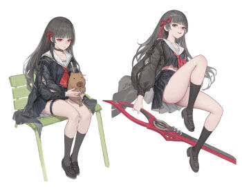 1girl arm_cutout black_choker black_hair black_jacket black_serafuku black_shoes black_socks breasts chisa_(wuthering_waves) choker closed_mouth clothing_cutout collarbone commentary_request hair_ribbon highres holding holding_sword holding_weapon jacket ki_min-woo korean_commentary loafers long_hair long_sleeves looking_at_viewer medium_breasts mole mole_under_eye multiple_views namipon_(wuthering_waves) neckerchief parted_lips red_eyes red_neckerchief red_ribbon ribbon sailor_collar school_uniform serafuku shoes sitting smile socks sword thigh_strap thighs weapon white_sailor_collar wuthering_waves