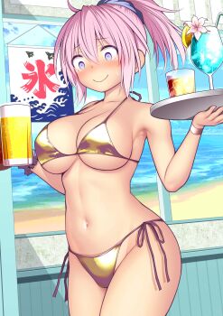 1girl absurdres alcohol aoba_(kancolle) beach beer beer_mug bikini blue_eyes blush breasts cup day drinking_straw flower gold_bikini hair_between_eyes highres holding holding_cup holding_tray kantai_collection kooribata kuromayu large_breasts mug nervous_smile nose_blush ocean outdoors pink_flower pink_hair ponytail scrunchie side-tie_bikini_bottom sky smile solo swimsuit tears tray