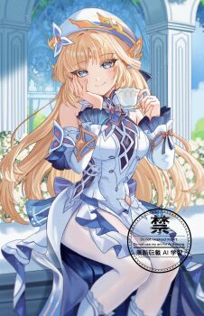 1girl bare_shoulders blonde_hair blue_eyes breasts closed_mouth commentary cross-shaped_pupils cup day detached_sleeves dress drinking_glass facial_mark forehead_mark genshin_impact hand_on_own_face hands_up hat highres holding holding_cup light_blush long_hair looking_at_viewer medium_breasts nicole_(genshin_impact) outdoors pantyhose sitting sleeveless sleeveless_dress smile solo star_(symbol) star_facial_mark sukiyart symbol-shaped_pupils teacup untranslatable_commentary very_long_hair watermark white_dress white_hat white_pantyhose white_sleeves