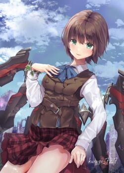 1girl aoi_erika artist_name black_hair blue_eyes bracelet brown_hair commentary_request green_eyes hand_on_own_chest heaven_burns_red highres jewelry kurage_(kurage19) neck_ribbon ribbon skirt thighs