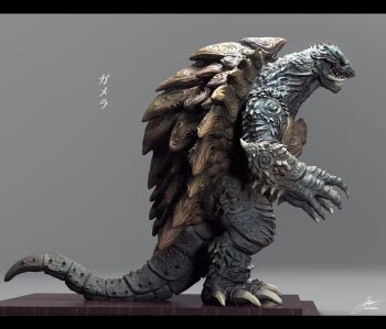 3d artist_name claws elbow_spikes gamera gamera_(series) giant giant_monster glowing glowing_eyes green_eyes grey_background highres japanese_text jared_modina kaiju monster multicolored_eyes no_humans open_mouth orange_eyes overlapping_shell platform sculpture sharp_teeth side_profile signature simple_background tail teeth tongue translation_request turtle turtle_shell tusks yellow_eyes