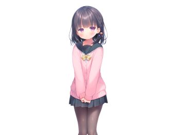 1girl black_hair black_pantyhose black_sailor_collar black_skirt blunt_bangs blush bow bowtie buttons cardigan closed_mouth collarbone feet_out_of_frame game_cg kazari_(mainichi_kiss_shite_lolita) large_variant_set long_sleeves looking_at_viewer mainichi_kiss_shite_lolita miniskirt non-web_source pantyhose pink_cardigan pink_eyes piyodera_mucha pleated_skirt sailor_collar school_uniform serafuku short_hair simple_background skirt solo standing tachi-e transparent_background variant_set yellow_bow yellow_bowtie