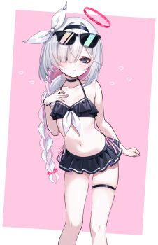 1girl alternate_costume alternate_hairstyle bikini black_bikini black_choker black_eyes black_hairband blue_archive border bow braid braided_ponytail choker closed_mouth collarbone colored_inner_hair commentary_request eyes_visible_through_hair eyewear_on_head feet_out_of_frame fingernails flat_chest frilled_bikini frills fukemachi grey_hair hair_bow hair_over_one_eye hairband halo hand_up heart highres long_hair looking_at_viewer multicolored_hair nail_polish navel neckerchief outside_border pink_background pink_hair pink_nails plana_(blue_archive) red_halo red_pupils ruffle_bikini simple_background skindentation smile solo standing stomach sunglasses swimsuit thigh_strap tilted_border two-tone_hair very_long_hair white_border white_bow white_neckerchief