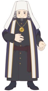 1boy closed_mouth coat commentary_request curly_hair dominic_hamsworth eris_no_seihai fat fat_man full_body green_coat green_eyes grey_hair headwear_request highres jewelry long_sleeves looking_at_viewer male_focus necklace official_art pendant second-party_source smile solo transparent_background