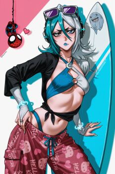 Rule 34 | 1boy, 1girl, ai-assisted, bleach, blue hair, blue lips, blush, breasts, collarbone, cosplay, hand on own hip, headphones, hello kitty, heterochromia, highres, kuchiki rukia, lips, looking at viewer, luna snow, luna snow (cosplay), marvel, marvel rivals, medium breasts, multicolored hair, pants, prixmal, sanrio, small breasts, spider-man, sunglasses on head, surfboard, two-tone hair, white hair