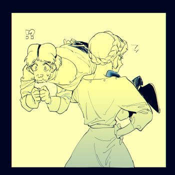 !? 1boy 1girl :3 back belt boots braid carrying_over_shoulder closed_mouth commentary_request crown_braid dress earrings hand_on_own_hip jewelry kaze_no_tani_no_nausicaa kurotowa kushana long_sleeves monochrome own_hands_together pants profile serizawa_nae shirt short_hair standing strong sweatdrop teardrop_earrings translation_request