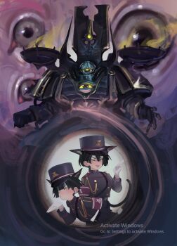 Rule 34 | 1boy, 2girls, absurdres, adeptus astartes, animal ears, armor, blowing kiss, brassard, brazier, cat ears, cat girl, cat tail, chaos (warhammer), chaos space marine, disembodied eye, extra ears, gauntlets, gloves, hat, helmet, highres, looking at viewer, microsoft windows, military uniform, multiple girls, orange eyes, original, pauldrons, polilla, power armor, shako cap, shoulder armor, tail, the warp (warhammer 40k), thousand sons, warhammer 40k, white gloves