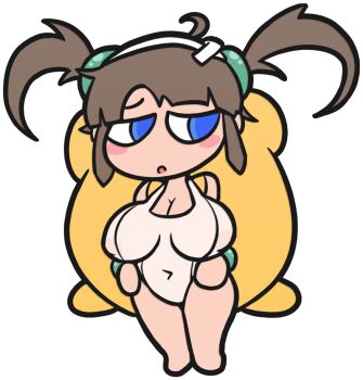 1girl ahoge arnkleblarn backpack bag barefoot blue_eyes blush bracelet breasts brown_hair chibi cleavage covered_erect_nipples embarrassed hair_ornament hairband jewelry large_breasts long_hair looking_to_the_side minori_(senran_kagura) one-piece_swimsuit open_mouth see-through_clothes see-through_one-piece_swimsuit senran_kagura standing swimsuit transparent_background twintails white_one-piece_swimsuit