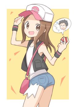 Rule 34 | 1girl, bag, baseball cap, black vest, brown hair, commentary request, cosplay, denim, denim shorts, hands up, hat, highres, hilda (pokemon), hilda (pokemon) (cosplay), holding, holding poke ball, karakai jouzu no takagi-san, long hair, looking at viewer, looking back, nintendo, nishikata, open mouth, poke ball, poke ball (basic), pokemon, pokemon bw, shirt, short shorts, shorts, shoulder bag, sidelocks, sleeveless, sleeveless shirt, smile, takagi-san, tanitaniyaaan, tongue, two-tone headwear, vest, white shirt, wristband