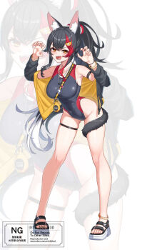 1girl animal_ears arm_strap black_hair black_jacket black_one-piece_swimsuit breasts claw_pose commentary_request covered_navel crossed_bangs double-parted_bangs fangs feet flipped_hair full_body gluteal_fold hair_between_eyes hair_ornament hairclip hands_up highleg highleg_one-piece_swimsuit highres hololive jacket large_breasts long_hair looking_at_viewer multicolored_hair off_shoulder one-piece_swimsuit ookami_mio open_mouth ponytail red_hair sandals sidelocks solo streaked_hair swimsuit ta_shiuji30 tail tail_around_own_leg thigh_strap toes two-sided_fabric two-sided_jacket v-shaped_eyebrows very_long_hair virtual_youtuber whistle white_hair wolf_ears wolf_girl wolf_tail yellow_eyes yellow_jacket zoom_layer