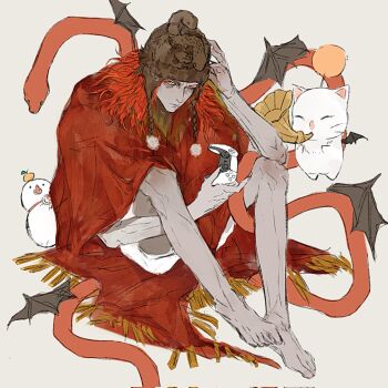 1boy animal arm_up barefoot bat_wings black_hat commentary controller elden_ring elden_ring:_shadow_of_the_erdtree final_fantasy game_controller grey_background hat helmet highres holding holding_controller holding_game_controller holding_instrument instrument long_arms long_hair long_legs male_focus messmer_the_impaler moogle one_eye_closed pom_pom_(clothes) red_hair red_shawl red_snake shawl simple_background sitting snake tokaoioi1 white_fur wings yellow_eyes