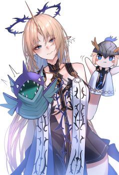 1girl absurdres bare_shoulders black_collar black_dress blonde_hair blue_eyes blue_hair breasts closed_mouth collar colored_inner_hair commentary_request cowboy_shot crown_of_thorns dress earrings fleurdelys_(wuthering_waves) floating_earrings hand_puppet highres horns jewelry kamishiro_noa large_breasts long_hair long_horns looking_at_viewer multicolored_hair necklace out_of_character partial_commentary pointy_ears puppet sidelocks simple_background single_horn smile solo tabard tacet_mark_(wuthering_waves) very_long_hair white_background white_tabard wuthering_waves yellow_horns