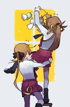 2girls akigumo_(kancolle) black_boots black_ribbon boots brown_hair commentary_request dress from_behind glider_(guraida) grey_pantyhose hair_ribbon kantai_collection kazagumo_(kancolle) long_hair long_sleeves makigumo_(kancolle) multiple_girls pantyhose purple_dress ribbon shirt stool teruterubouzu very_long_hair white_shirt yuugumo_(kancolle)