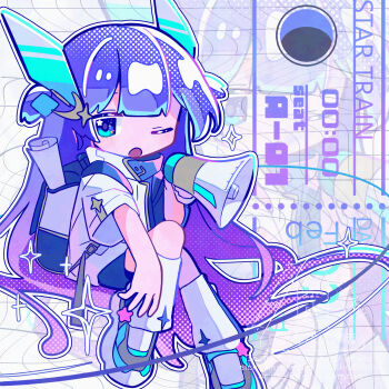Rule 34 | 1girl, ;o, backpack, bag, blue eyes, blue hair, blue shorts, blunt bangs, blush, commentary, double-parted bangs, full body, gradient hair, grey shoes, headgear, highres, holding, holding megaphone, kneehighs, long hair, looking at viewer, megaphone, multicolored hair, one eye closed, open mouth, original, purple hair, shirt, shoes, short sleeves, shorts, socks, solo, two-tone hair, untranslatable commentary, usa motou, white shirt, white socks, zoom layer
