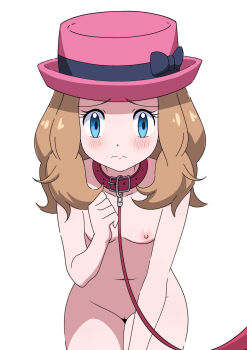 1girl absurdres bdsm blue_eyes blush bow breasts brown_hair closed_mouth collar commentary completely_nude eyelashes female_focus frown hand_up hat hat_bow highres leaning_forward leash loli long_hair looking_down mnkr98 nintendo nipples nude pink_hat pokemon pokemon_(anime) pokemon_xy_(anime) porkpie_hat pussy raised_eyebrows serena_(pokemon) sidelocks simple_background slave small_breasts solo split_mouth tagme white_background