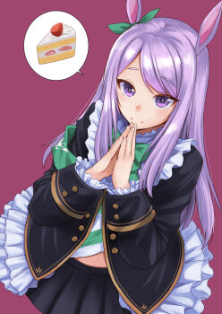 Rule 34 | 1girl, animal ears, armband, black jacket, black skirt, blush, bow, bowtie, cake, cake slice, closed mouth, coat, commentary request, ear bow, ear ribbon, food, frilled coat, frilled jacket, frills, fruit, green armband, green bow, horse ears, horse girl, jacket, kokuriu, long hair, long sleeves, looking at viewer, mejiro mcqueen (frontline elegance) (umamusume), mejiro mcqueen (umamusume), pleated skirt, purple background, purple eyes, purple hair, ribbon, shirt, simple background, skirt, smile, solo, spoken food, strawberry, striped clothes, striped shirt, umamusume