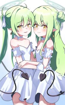 >:) 2girls :d absurdres alternate_costume alternate_hairstyle bare_shoulders blue_archive blush bow bow_choker choker closed_mouth commentary cowboy_shot demon_girl demon_tail dress earrings fang flat_chest gloves green_hair green_halo hair_between_eyes hair_bun hair_ribbon halo highres hikari_(blue_archive) hug jewelry long_hair looking_at_viewer multiple_girls no_headwear nozomi_(blue_archive) open_mouth pointy_ears ribbon saabyboi short_eyebrows siblings sidelocks simple_background single_side_bun sisters skin_fang smile smug strapless strapless_dress tail tail_raised thick_eyebrows tsurime twins twintails v-shaped_eyebrows very_long_hair wedding_dress white_background white_bow white_choker white_dress white_gloves white_ribbon yellow_eyes yellow_pupils