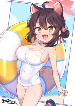 Rule 34 | 1girl, ahoge, animal ears, bare shoulders, blue archive, breasts, choker, covered navel, cowboy shot, fang, hair flower, hair bun, hair ornament, halo, highres, kaede (blue archive), kanabun, large breasts, lifebuoy, looking at viewer, one-piece swimsuit, open mouth, oppai loli, skin fang, smile, solo, swim ring, swimsuit, white one-piece swimsuit, yellow eyes