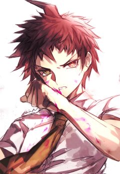 Rule 34 | 1boy, ahoge, arm up, blood, blood on face, brown hair, clenched hand, collared shirt, commentary, danganronpa (series), danganronpa 2: goodbye despair, highres, hinata hajime, injury, male focus, necktie, pink blood, rhinn ix, shirt, short sleeves, signature, simple background, sketch, solo, symbol-only commentary, v-shaped eyebrows, white background, white shirt, wing collar, wiping face