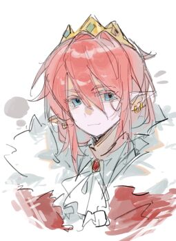 Rule 34 | 1boy, androgynous, animification, ascot, bishounen, blue eyes, brooch, cape, chinese commentary, commentary request, cropped shoulders, crown, earrings, fur-trimmed cape, fur trim, gold crown, hair between eyes, highres, humanization, jewelry, long hair, looking at viewer, lzsamada, male focus, minecraft youtube, pink hair, pointed crown, pointy ears, red cape, shirt, simple background, sketch, solo, technoblade, white ascot, white background, white shirt