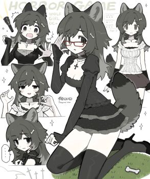... 1girl @_@ animal_ears artist_name black_dress black_nails black_shoes black_thighhighs bone_hair_ornament breasts choker cleavage collarbone cross cross_necklace dress flashlight flashlight_beam grass grey_eyes grey_hair hair_ornament high_heels highres jewelry large_breasts long_sleeves miniskirt multicolored_hair necklace open_mouth original rectangular_eyewear red-framed_eyewear seiza shoes sitting skirt solo spoken_ellipsis sweat tail taonoinu thighhighs wolf_ears wolf_girl wolf_tail