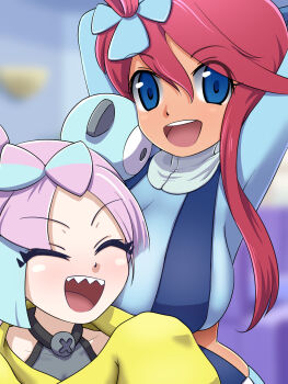 2girls blue_eyes blue_gloves blue_hair blue_jacket blue_shorts bow-shaped_hair breasts character_hair_ornament closed_eyes criss-cross_halter crop_top cropped_jacket fake_hair_bun gloves hair_ornament halter_shirt halterneck highres iono_(pokemon) jacket large_breasts long_hair long_sleeves midriff multicolored_hair multiple_girls nintendo one_side_up open_mouth oversized_clothes pink_hair pokemon pokemon_bw pokemon_sv red_hair sharp_teeth short_hair_with_long_locks short_shorts shorts skyla_(pokemon) sleeves_past_fingers sleeves_past_wrists smile split-color_hair teeth upper_body upper_teeth_only x_(symbol) yasutake yellow_jacket