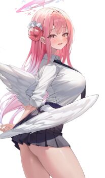 1girl absurdres akamin435 alternate_costume ass black_necktie black_skirt blue_archive blush breasts commentary feathered_wings hair_bun halo highres large_breasts long_hair looking_at_viewer looking_to_the_side mika_(blue_archive) miniskirt necktie pink_hair pleated_skirt school_uniform shirt single_side_bun skirt smile solo straight_hair thighs very_long_hair white_shirt white_wings wings yellow_eyes