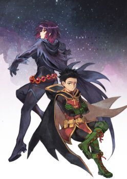 1boy 1girl belt black_hair bodysuit boots cape character_name closed_mouth crossed_arms crossed_legs damian_wayne dc_comics floating gloves gradient_background gradient_hair green_eyes green_footwear green_gloves hood hood_down hooded_cape ivy60530 looking_at_viewer looking_back multicolored_hair night purple_hair raven_(dc) red_eyes robin_(dc) sky spiked_hair star_(sky) superhero_costume teen_titans utility_belt