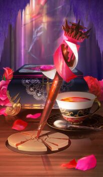00kashian00 broken chocolate commentary crack cup diffraction_spikes drink fate/grand_order fate_(series) flower food food_art food_focus jewelry_box no_humans official_art pink_flower pink_petals pink_rose planted purple_background red_flower red_petals red_rose reflective_table rose saucer sparkle spoon stake still_life teacup third-party_source